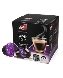 Caf&eacute; Ren&eacute; Lungo Forte package and capsule for Dolce Gusto
