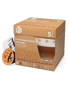 Kaffekapslen Latte Macchiato Caramel package and capsule for Dolce Gusto
