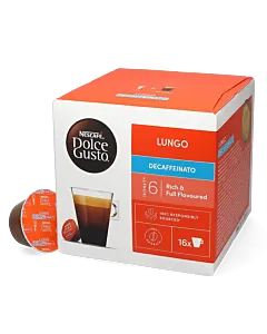 Nescaf&eacute; Lungo Decaffeinato package and capsule for Dolce Gusto