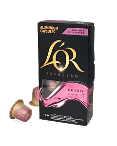 L'OR Or Rose package and capsule for Nespresso